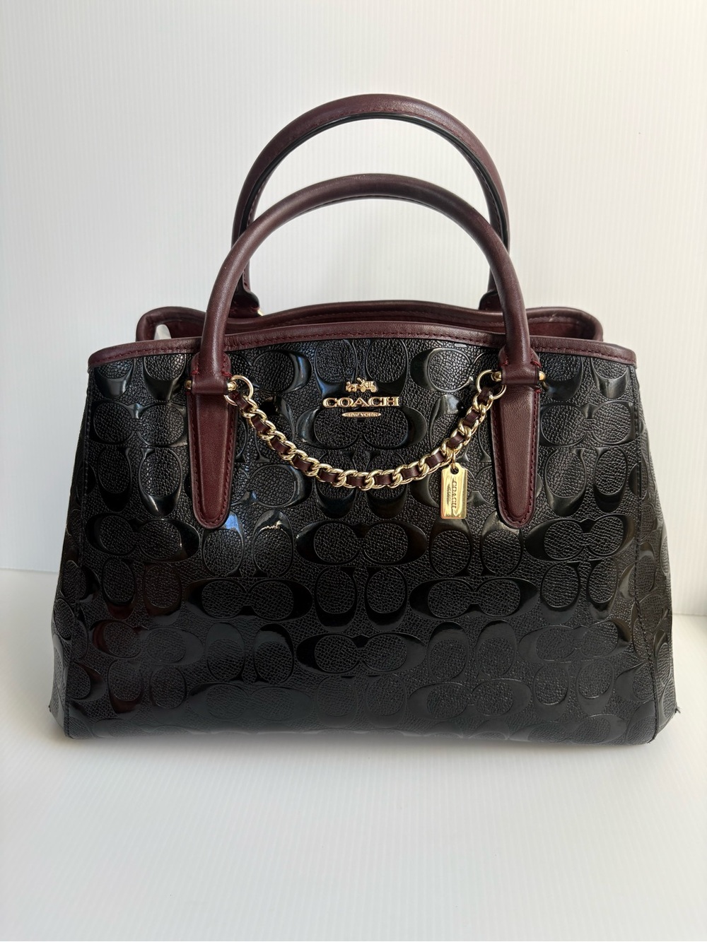 COACH Black Patent Satchel with Dark Burgundy Trim and Gold Hardware